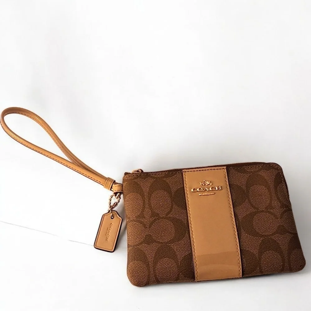 Coach Signature PVC Wristlet – Khaki/Saddle 2 – EUC